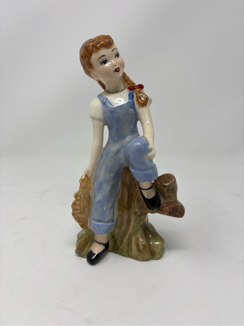 Vintage Hand-Painted Ceramic Farm Girl Figurine, Duncan Mold Overalls Tree Stump